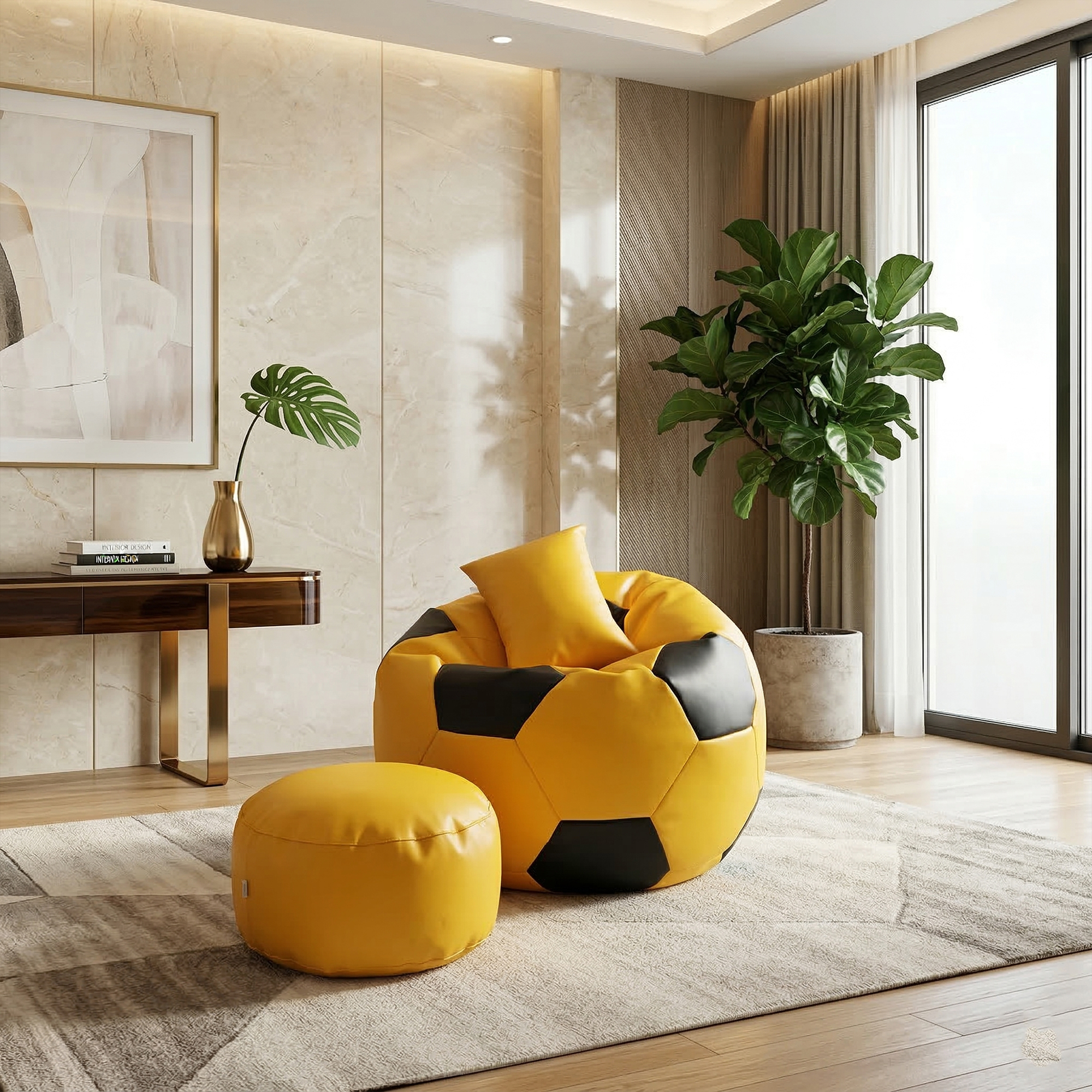 2 Faux Leather XxL Football Shape 3pcs Combo Bean Bag-Yellow/Black - Image 1